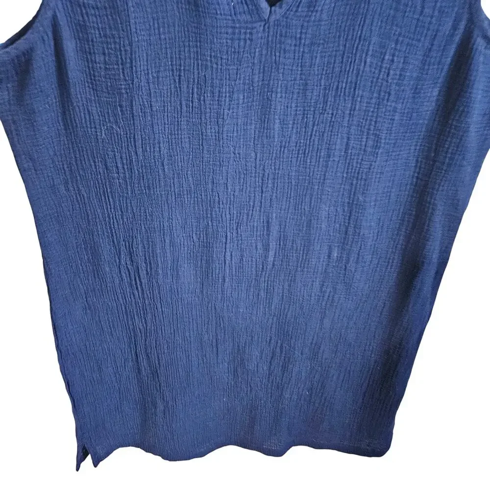 Lands End Women's Size L Swimsuit Cover Up Tunic Dress Blue 100% Cotton Crepe
